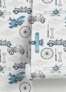 Transportation Wallpaper with Vintage Airplanes and Cars in Blue and Gray - D527