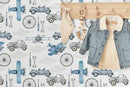 Transportation Wallpaper with Vintage Airplanes and Cars in Blue and Gray - D527