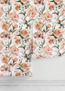 Floral Wallpaper Featuring Watercolor Peonies in Peach, Green, and White - D530