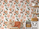 Floral Wallpaper Featuring Watercolor Peonies in Peach, Green, and White - D530