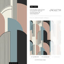 Geometric Wallpaper with an Art Deco Arch Motif in Muted Clay, Blue, and Greige - D621