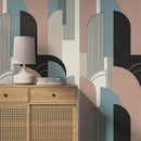 Geometric Wallpaper with an Art Deco Arch Motif in Muted Clay, Blue, and Greige - D621