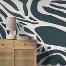 Abstract Wallpaper with Organic Cut-Out Shapes in Dark Blue - D623