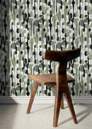 Abstract Wallpaper with Vertical Modern Brushstroke Motifs in Black and Green - D537