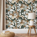 Floral Wallpaper in Taupe, Green, and Brown - D658