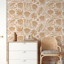 Abstract Wallpaper with Stylized Botanical Motifs in Tan - D659