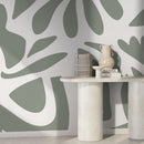 Abstract Wallpaper Featuring Bold Floral Shapes in Sage Green - D672