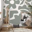 Abstract Wallpaper Featuring Bold Floral Shapes in Sage Green - D672