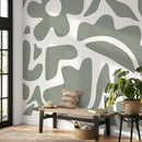 Abstract Wallpaper Featuring Bold Floral Shapes in Sage Green - D672