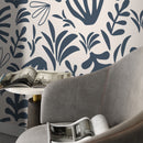 Abstract Wallpaper Featuring Botanical Shapes in Muted Navy and Cream - D679
