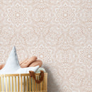 Damask Wallpaper with an Intricate Botanical Mandala Motif in Beige and White - X053
