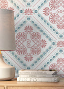Retro Tile Wallpaper with a Greek Palmette Motif in Pink and Blue - D135