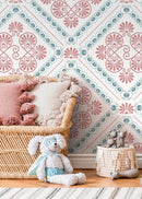 Retro Tile Wallpaper with a Greek Palmette Motif in Pink and Blue - D135