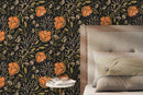 Boho Floral Wallpaper with Stylized Blooms in Orange, Green, and Black - D153