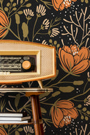 Boho Floral Wallpaper with Stylized Blooms in Orange, Green, and Black - D153