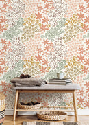 Floral Wallpaper with a Hand-Drawn Motif in Terracotta, Green, and Taupe - D166