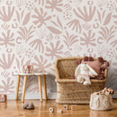 Abstract Wallpaper with Botanical Cutout Shapes in Pink - D686