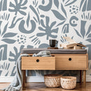 Abstract Wallpaper with Organic Leaf Shapes in Gray Blue - D688