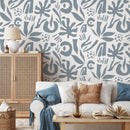 Abstract Wallpaper with Organic Leaf Shapes in Gray Blue - D688