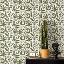 Abstract Wallpaper with Boho Botanical Cut-Outs in Green - D690
