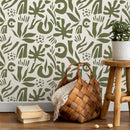 Abstract Wallpaper with Boho Botanical Cut-Outs in Green - D690