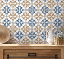 Tile Wallpaper with an Ornamental Damask Motif in Blue and Beige - D169