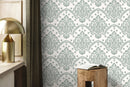 Vintage Wallpaper with an Ornate Scalloped Damask in Light Green - D196