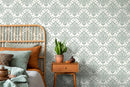 Vintage Wallpaper with an Ornate Scalloped Damask in Light Green - D196