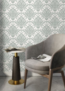 Vintage Wallpaper with an Ornate Scalloped Damask in Light Green - D196