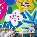 Abstract Wallpaper Featuring Graphic Flowers in Blue, Pink, and Yellow - D553
