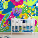 Abstract Wallpaper Featuring Graphic Flowers in Blue, Pink, and Yellow - D553