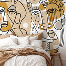 Modern Abstract Wallpaper with Continuous Line Art Faces in Beige, Ochre, and Black - D554