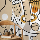 Modern Abstract Wallpaper with Continuous Line Art Faces in Beige, Ochre, and Black - D554