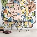 Abstract Wallpaper with Modern Line Art Faces in Green, Blue, and Peach - D555