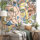 Abstract Wallpaper with Modern Line Art Faces in Green, Blue, and Peach - D555