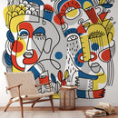 Modern Wallpaper with Bold Line Art Faces in Yellow, Red, and Blue - D556