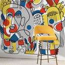 Modern Wallpaper with Bold Line Art Faces in Yellow, Red, and Blue - D556