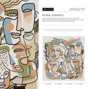 Modern Wallpaper with Continuous Line Art Faces in Blue, Green, and Terracotta - D558