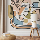 Modern Wallpaper with Continuous Line Art Faces in Blue, Green, and Terracotta - D558
