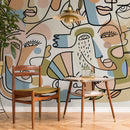 Modern Wallpaper with Continuous Line Art Faces in Blue, Green, and Terracotta - D558