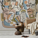 Modern Wallpaper with Continuous Line Art Faces in Blue, Green, and Terracotta - D558