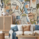 Modern Wallpaper with Continuous Line Art Faces in Blue, Green, and Terracotta - D558