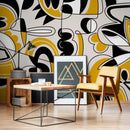 Abstract Wallpaper with a Bold Modern Line Art Motif in Black, Yellow, and Gray - D560