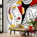 Modern Wallpaper with a Cubist Face Mural in Red, Yellow, and Black - D563