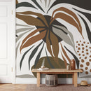 Botanical Wallpaper with Abstract Leaves in Brown, Green, and Greige - D714