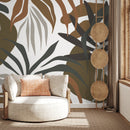 Botanical Wallpaper with Abstract Leaves in Brown, Green, and Greige - D714
