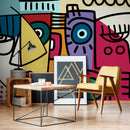 Cubism Wallpaper with Abstract Faces in Yellow, Blue, and Red - D566