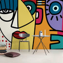 Cubism Wallpaper with Abstract Faces in Yellow, Blue, and Red - D566