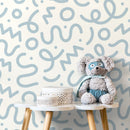 Abstract Wallpaper with Playful Squiggles and Shapes in Light Blue - D576