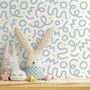 Abstract Wallpaper with Playful Squiggles and Shapes in Light Blue - D576